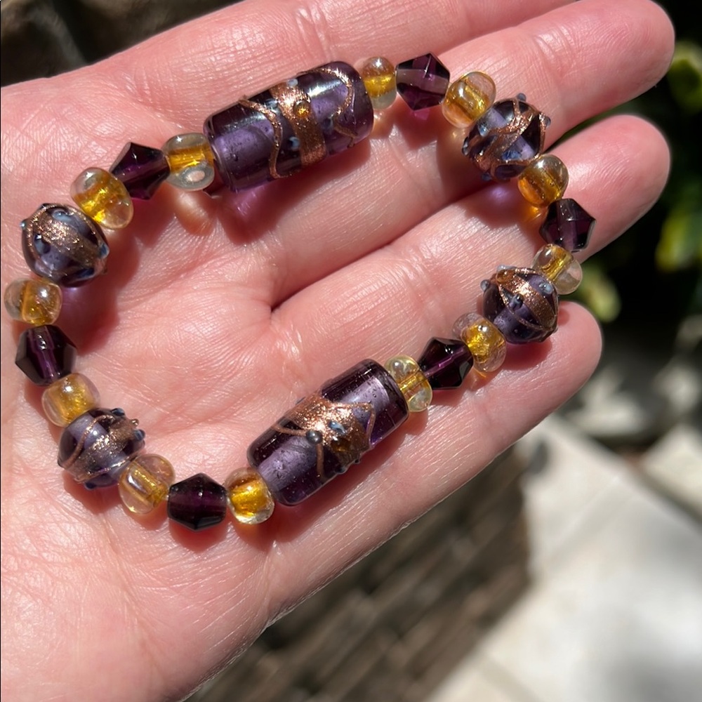 Purple and Gold Lampwork Wedding Cake Glass Beaded Stretch Bracelet